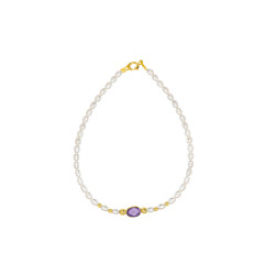Βραχιόλι Κ14 χρυσό με λευκά μαργαριτάρια, amethyst και χρυσά στοιχεία Κ14 - F124153A