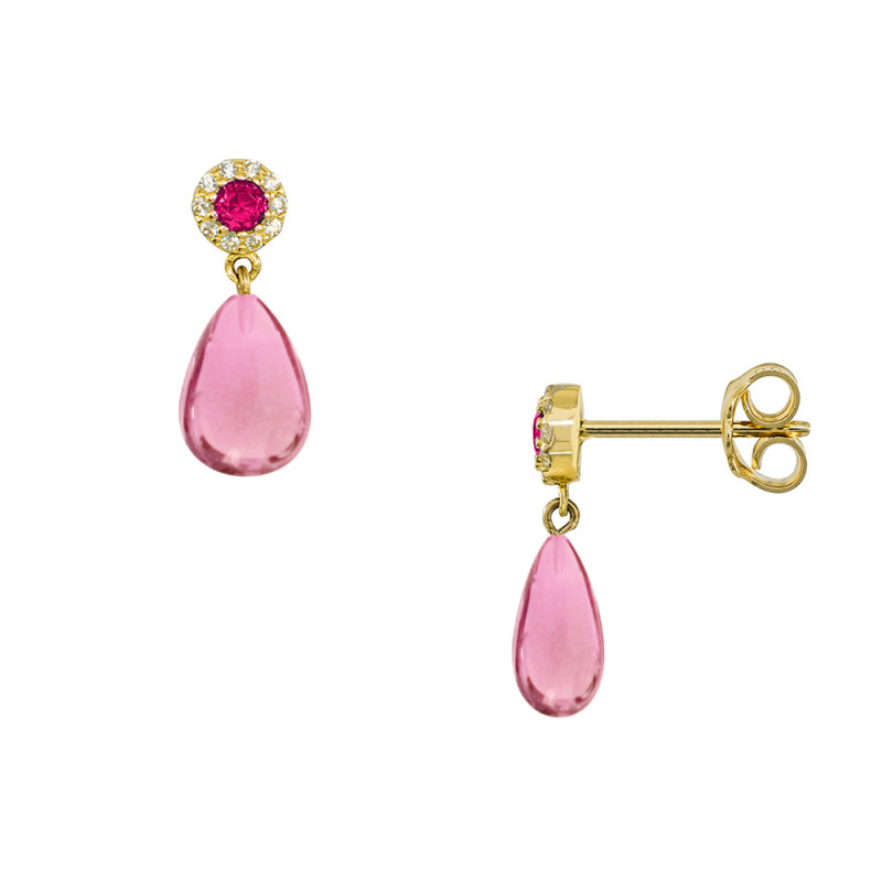 Σκουλαρίκια με Κ14 χρυσή βάση με Pink Quartz και ζιργκόν - F124285RP