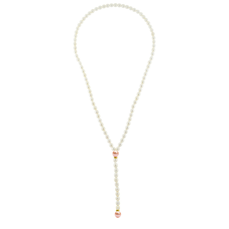 Κολιέ με Κ14 χρυσά στοιχεία και λευκά και σομόν μαργαριτάρια - M122720S