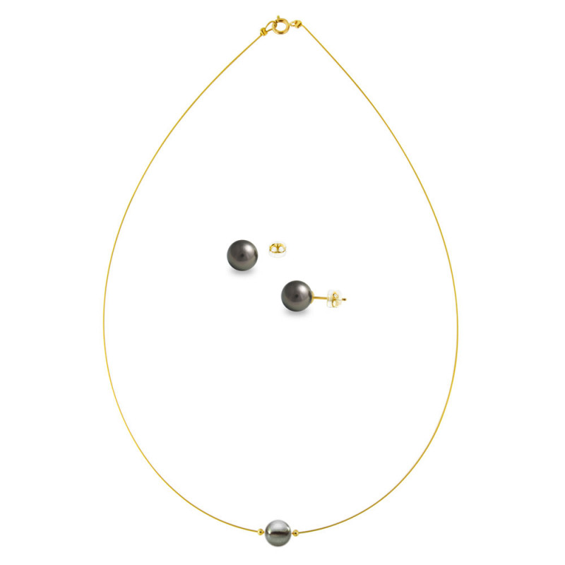 Σετ κολιέ και σκουλαρίκια με μαύρα μαργαριτάρια σε χρυσό Κ14 - M990081B