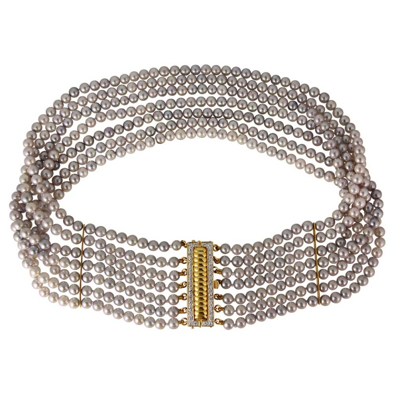 Κολιέ choker με μαργαριτάρια Akoya και χρυσά στοιχεία Κ18 με διαμάντια - M100039