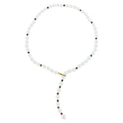 Κολιέ με λευκά μαργαριτάρια, ρουμπίνια, σμαράγδια, ζαφείρια και χρυσό κούμπωμα K18 με διαμάντια - M121266