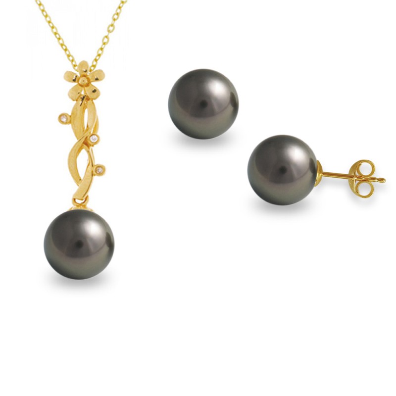Σετ κολιέ και σκουλαρίκια Κ18 χρυσό με μαύρα μαργαριτάρια - M990141