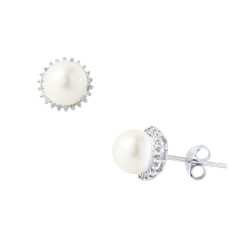 Σκουλαρίκια Κ18 λευκόχρυσα με λευκά μαργαριτάρια και διαμάντια  - W317607