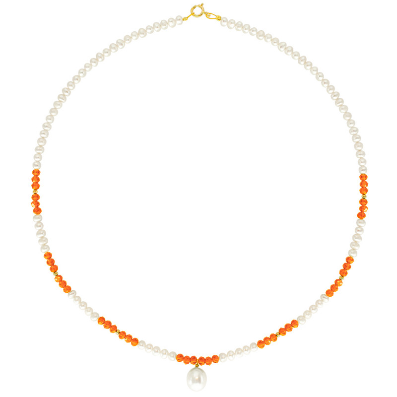 Κολιέ με Κ14 χρυσά στοιχεία και λευκά μαργαριτάρια - F124329P