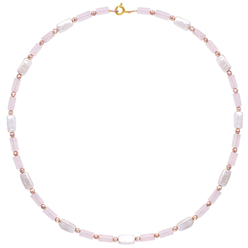 Κολιέ με μαργαριτάρια, rose quartz και hematite και ασημένιο κούμπωμα 925 - F124389
