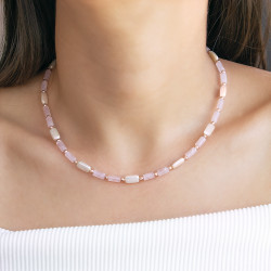 Κολιέ με μαργαριτάρια, rose quartz και hematite και ασημένιο κούμπωμα 925 - F124389