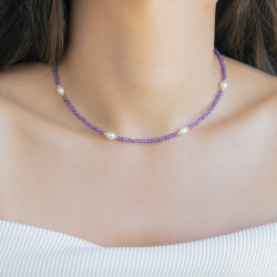 Κολιέ με Κ14 χρυσά στοιχεια, amethyst και λευκά μαργαριτάρια - F124407