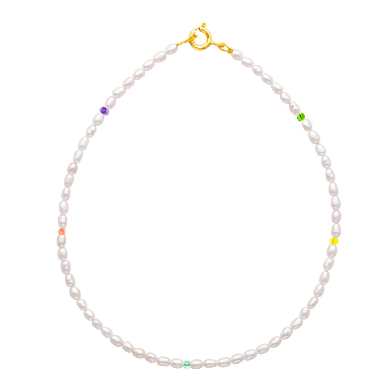Βραχιόλι για το πόδι με λευκά μαργαριτάρια, multi color crystal και ασημένιο 925 επιχρυσωμένο κούμπωμα - L124418