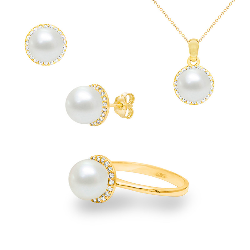 Σετ σκουλαρίκια, δαχτυλίδι και μενταγιόν Κ14 χρυσά με λευκά μαργαριτάρια Akoya και ζιργκόν - F124461