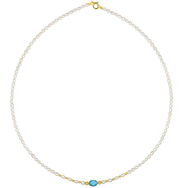 Κολιέ Κ14 χρυσό με λευκά μαργαριτάρια, blue topaz και χρυσά στοιχεία Κ14 - F124152