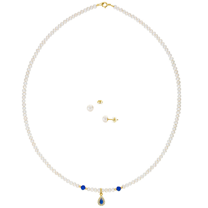 Σετ κολιέ και σκουλαρίκια με Κ14 χρυσά στοιχεία, λευκά μαργαριτάρια και ζιργκόν - S124493B