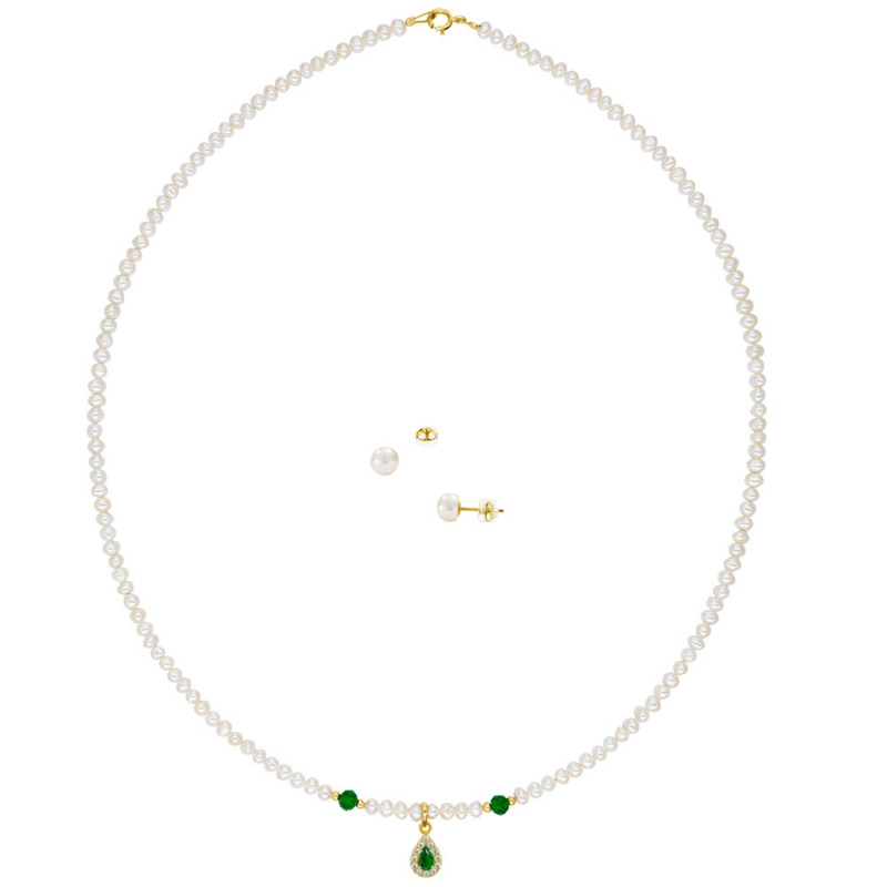 Σετ κολιέ και σκουλαρίκια με Κ14 χρυσά στοιχεία, λευκά μαργαριτάρια και ζιργκόν - S124493G