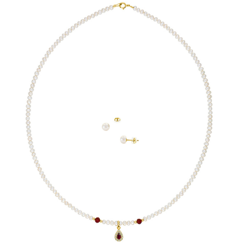 Σετ κολιέ και σκουλαρίκια με Κ14 χρυσά στοιχεία, λευκά μαργαριτάρια και ζιργκόν - S124493R
