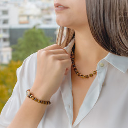 Κολιέ με tiger eye, αιματίτη και ασημένιο 925 επιχρυσωμένο κούμπωμα - F124505