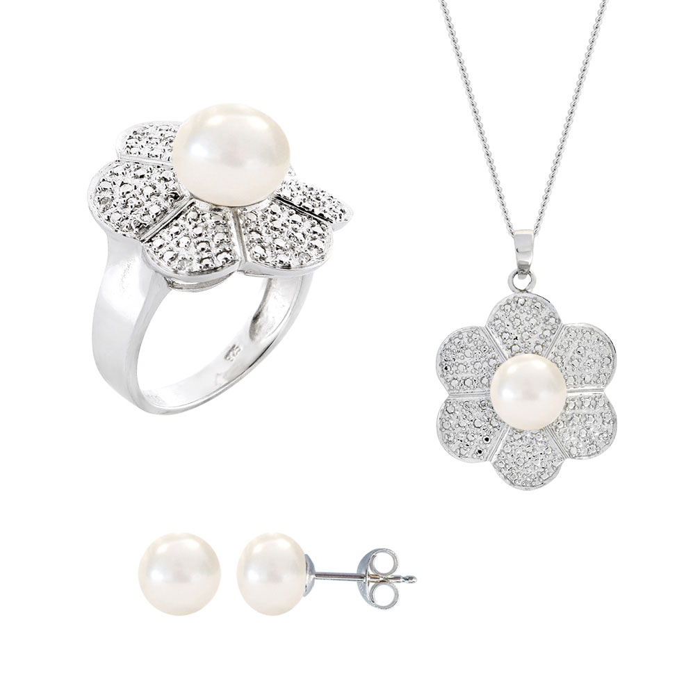 Σετ δαχτυλίδι, μενταγιόν και δώρο σκουλαρίκια με λευκά μαργαριτάρια σε ασήμι 925 - M990058