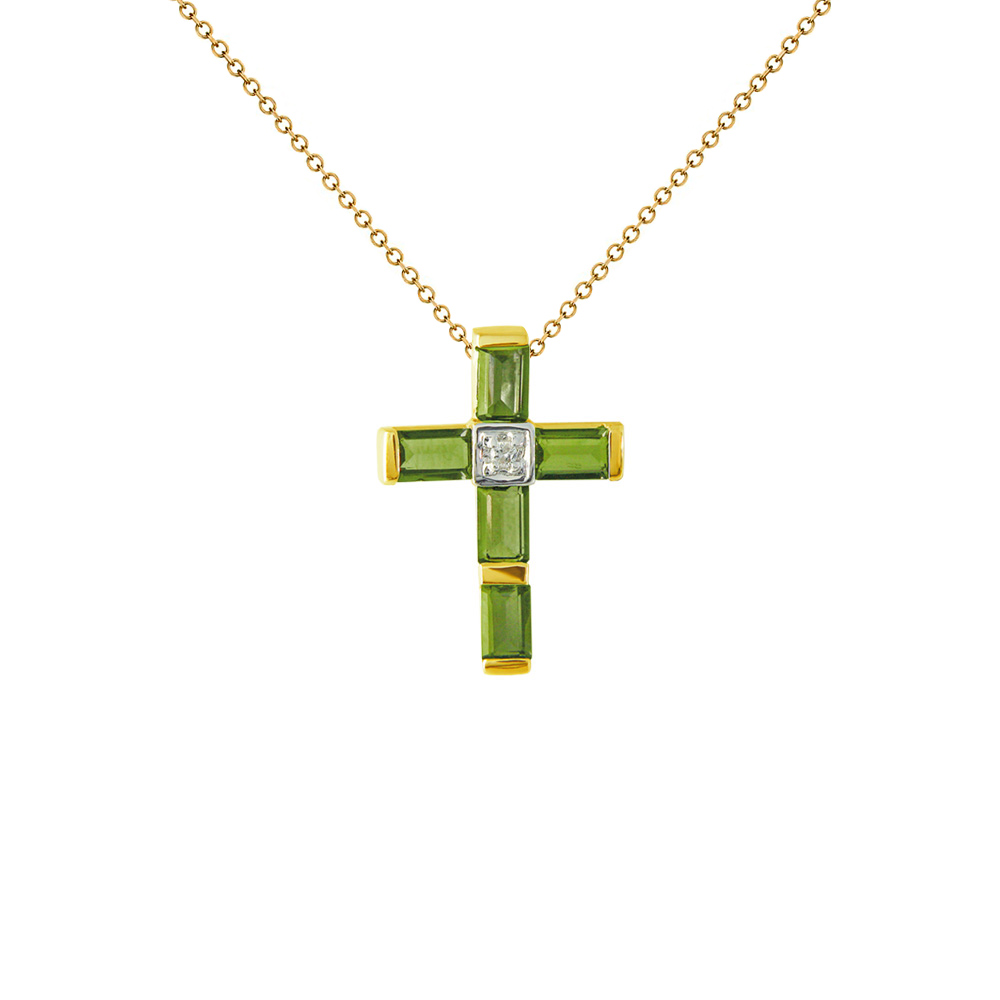 Χρυσός σταυρός με περίδοτο και διαμάντι - M315282P Σταυρος > Σταυροί με διαμάντια